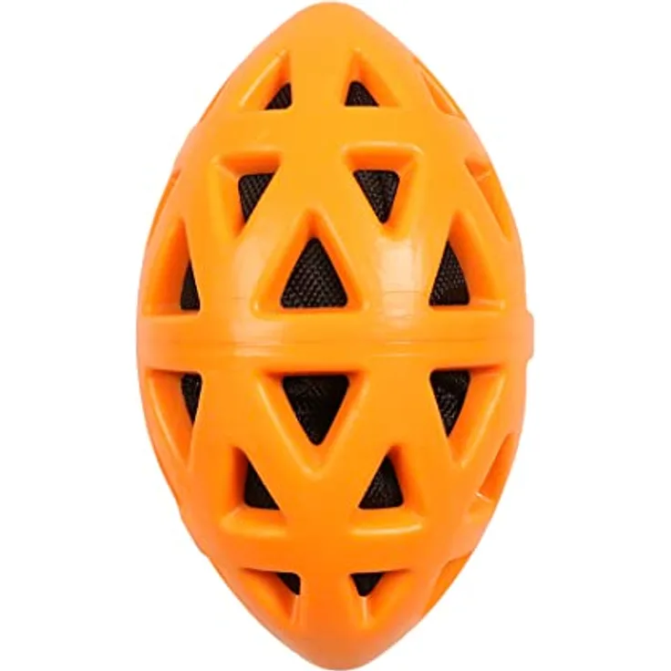 EBI, Spielzeug Crack Me Up Rugby S – 14 x 8 x 8 cm, Orange, stimuliert Kauen und Bissen, beugt Zahnbelag und Zahnstein vor, Robustes Spielzeug aus Gummi mit Knisternpapier