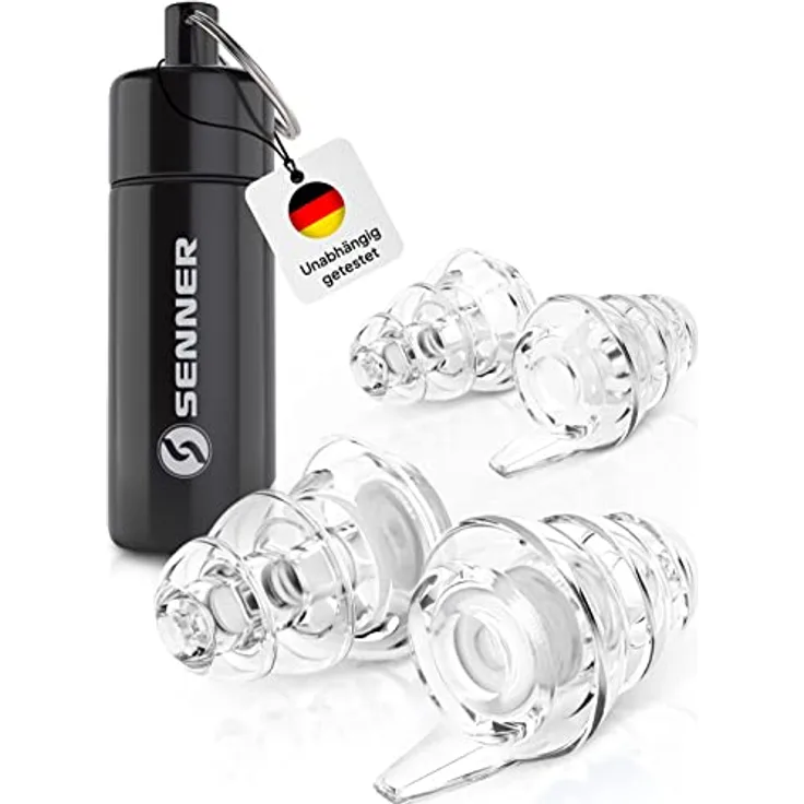 Senner Gehörschutzstöpsel MusicPro, Hi-Fi Ohrstöpsel für Konzert und Festival, transparent, SNR 20 dB, hypoallergen, inkl. Aluminiumbehälter
