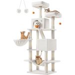 Feandrea Kratzbaum groß, 168 cm hoch, L Katzenbaum mit 13 Kratzsäulen, 2 Plattformen, 2 Höhlen, Korb, Hängematte, Plüschbälle, cremeweiß PCT165T01