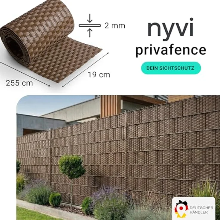 NYVI Polyrattan Sichtschutzstreifen Privafence Braun, wetterfest, blickdicht, 255 x 19 cm, 6 Rollen (15,3 Meter) für Doppelstabmattenzaun – Bild 2
