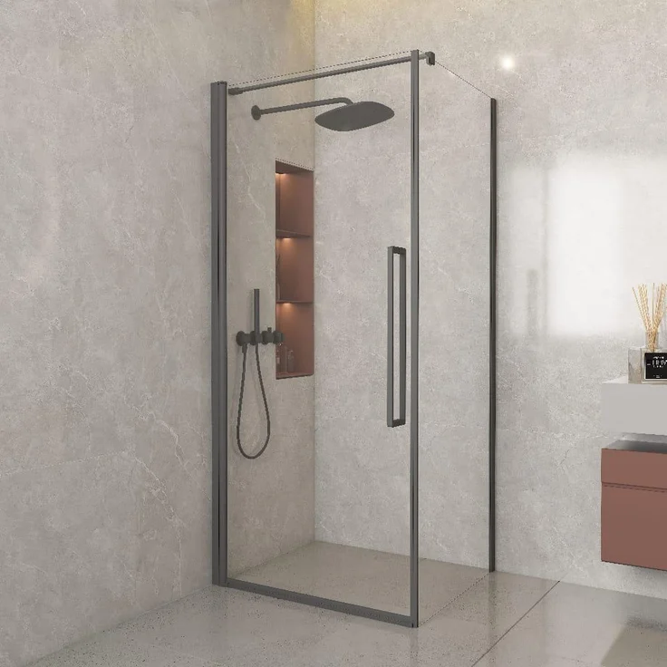 STANO Duschabtrennung UTRECHT CUADRA, Schwenktür mit festem Seitenteil, 8 mm ESG-Glas, Gun Metal, Höhe 200 cm, Türmaße 70-100 cm