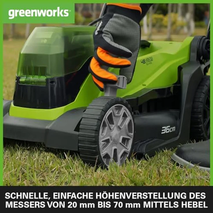 Greenworks Akku-Rasenmäher G24X2LM36 Li-Ion 2x24V 36cm Schnittbreite bis zu 250m² 40L Grasfangkorb 5 mit 2x 2,0 Ah Akku und Ladegerät – Bild 5