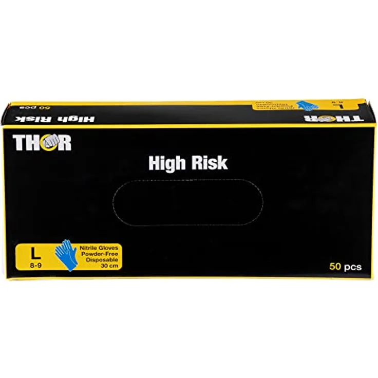 THOR High Risk Nitrilhandschuhe 50 Stück (30 cm, Größe L) | Blaue Einmalhandschuhe zum Kochen Putzen uvm | Einweghandschuhe ohne Puder | Latexfreie Handschuhe Nitril Gloves
