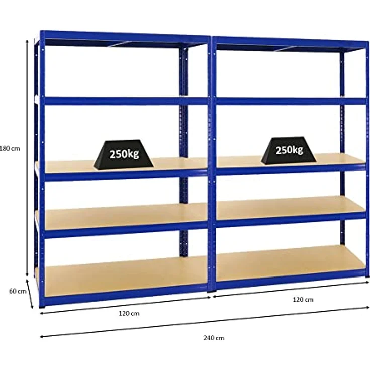 Proregal Schwerlastregal Mega Deal Big Elephant M, H180 x B120 x T60 cm, Traglast 250 kg pro Boden, 5 höhenverstellbare Böden, Blau – Bild 2