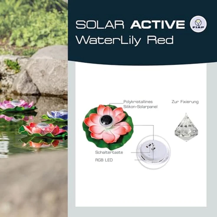 FIAP SOLAR ACTIVE WaterLily WHITE, schwimmende Seerose mit Solarbeleuchtung, LED, inkl. Akkubatterie, Teichbeleuchtung für Gartenteich und Pool, weiß, leuchtet in 7 Farben – Bild 3