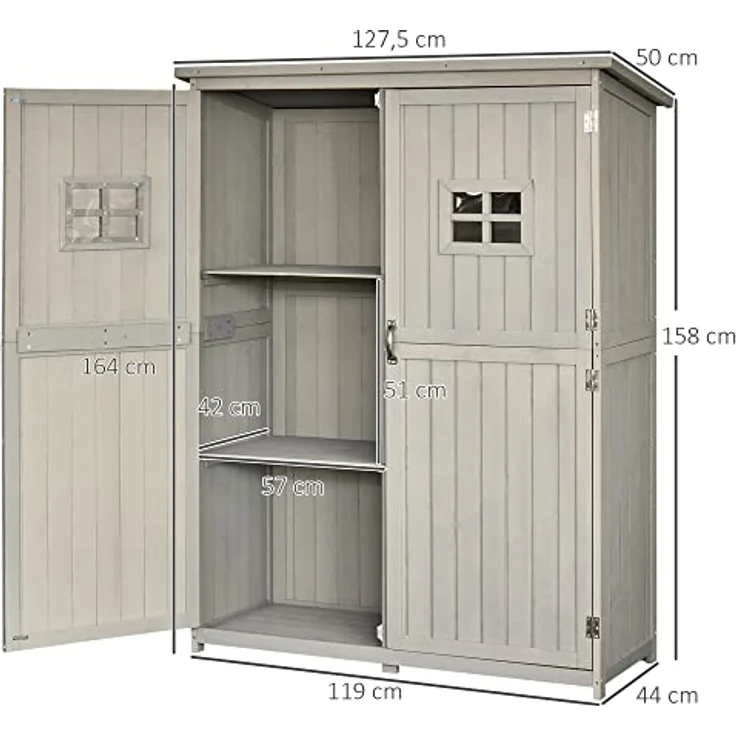 Outsunny Gartenschrank Holz Geräteschuppen Gerätehaus Geräteschrank Pultdach Garten Grau 127,5x50x164cm – Bild 3