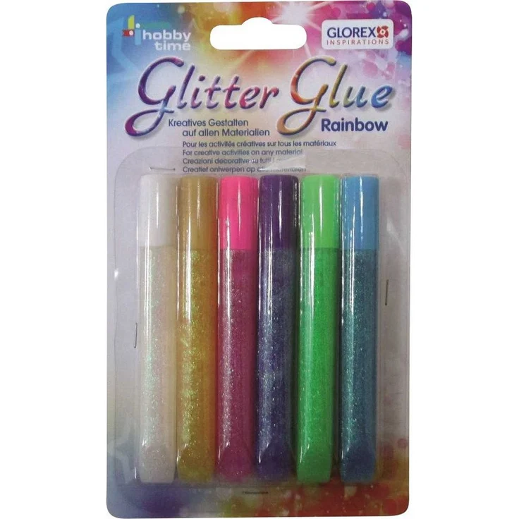 Glorex Glitterglue Stifte Rainbow, 6 Farben in 10,5 ml - weiche Stifte für präziseDosierung und schnelles Trocknen