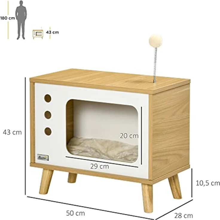 PawHut Tierhaus im TV-Design, inkl. Spielzeug und waschbarem Kissen, Eiche+Beige+Weiß, 50B x 28T x 43H cm – Bild 7