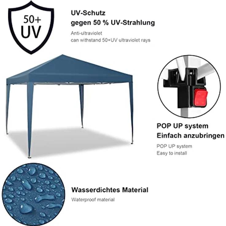 WOLTU Pavillon Pop-Up wasserdichter Faltpavillon Sonnenschutz Event Pavillon Gartenpavillon auf Terrasse Camping Festival Pagodenzelt aus Oxford Metallrahmen 3 x 3 m Blau PVL0002bl – Bild 2