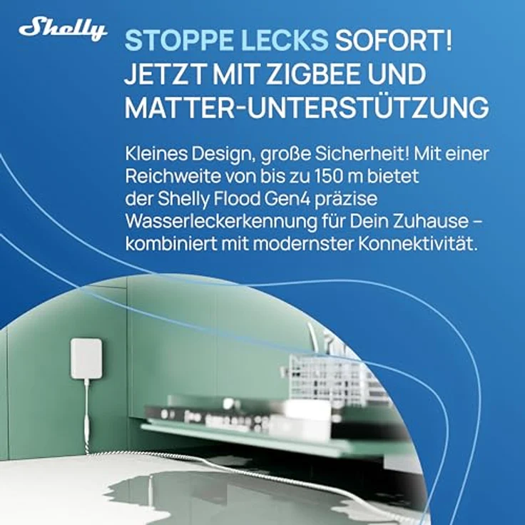 Shelly Flood Gen4, smarter Wassersensor mit Leck-Sensorkabel, IP44, Flut- & Regenerkennung, anpassbare Alarmstufen, kompatibel mit Alexa, Google Home & Zigbee – Bild 2