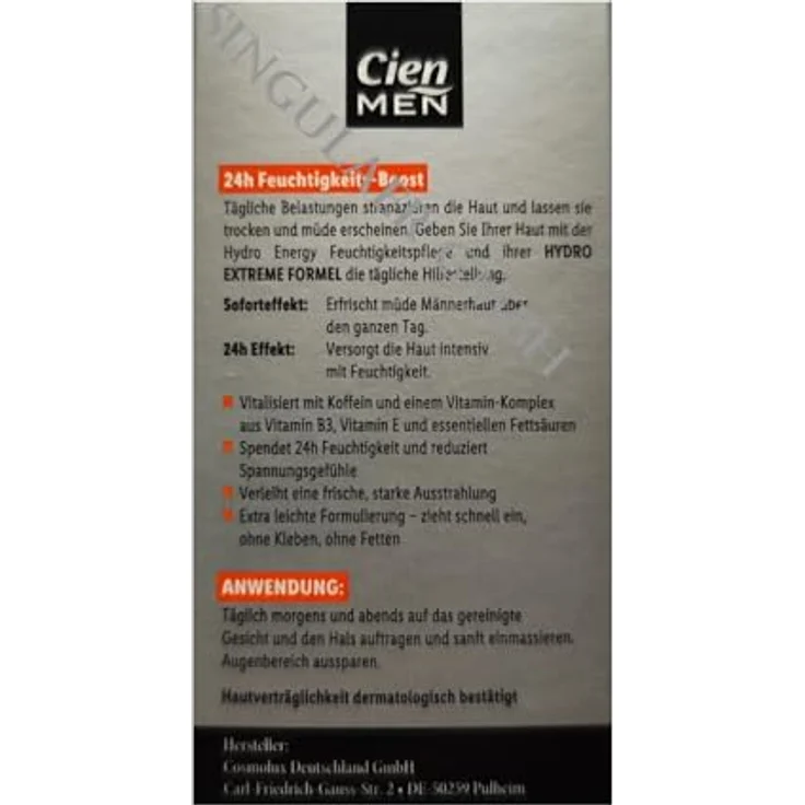 Cien MEN Hydro Energy Feuchtigkeitscreme mit Hyaluron & Koffein, 24h Frischekick, 50 ml – Bild 4