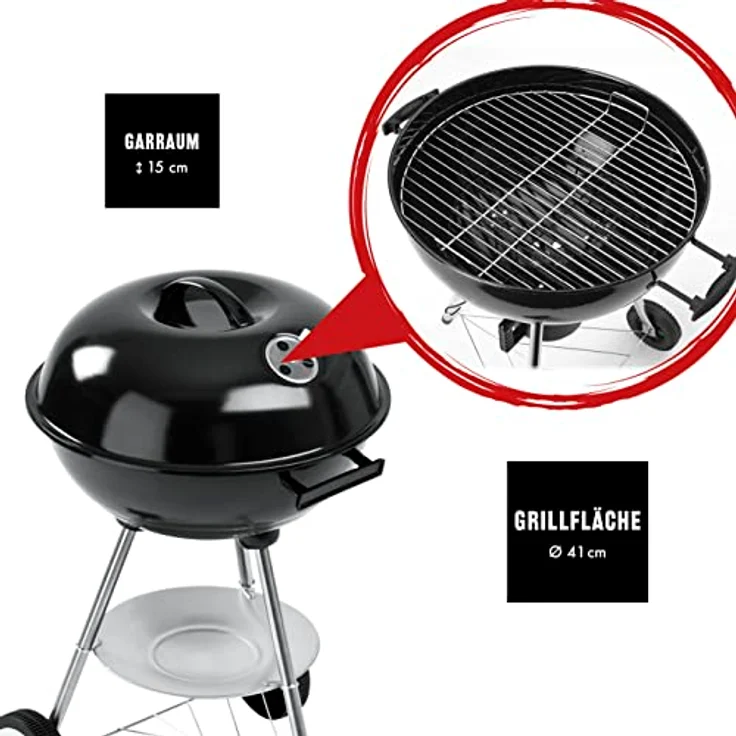 LANDMANN Kleiner Holzkohle Kugelgrill | Grillfläche ca. Ø 41 cm | ca. 15 cm hoher Garraum | Grillhöhe ca. 62 cm | Verchromter Grillrost mit Griffen | 3 Stativbeine – Bild 2