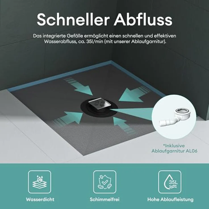 Mai & Mai Duschwanne Duschelement Duschboard, befliesbar, Beton Grau, inkl. Ablaufgarnitur, extraflaches Design, hohe Anpassungsfähigkeit, 35 l/min Abflussrate – Bild 5