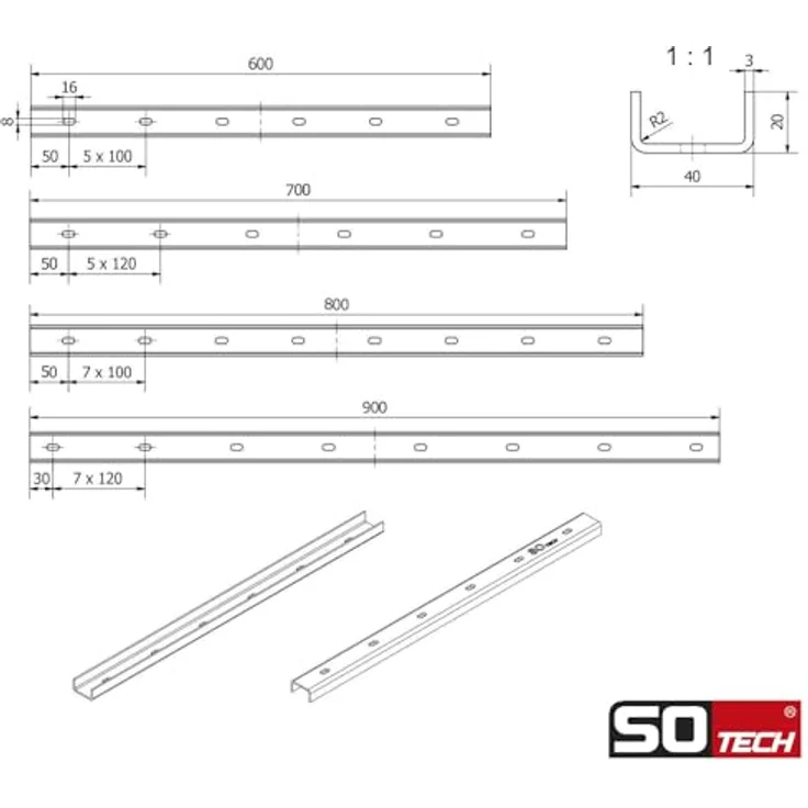 SOTECH 3 Stück U-Form Gratleisten 600 x 40 x 20 mm, Vintage Look für Tischplatten, hohe Belastbarkeit, inkl. Installationsmaterial – Bild 5