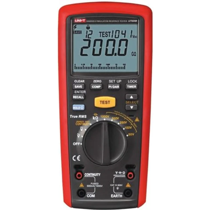 UNI-T UT505B Serie UT505 Hand-Isolierungswiderstandstester, 50 V/100 V/250 V/500 V/1000 V, 1 mA, automatische Abschaltung, LCD-Hintergrundbeleuchtung, Alarm bei Hochspannungsausgang, Datenspeicherung von 99 Gruppen – Bild 2