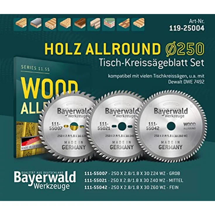 Bayerwald Kreissägeblatt Set Ø250 (3 tlg.) - für Holz Längs & Querschnitte Allround - geeignet für Tischkreissägen von Bosch, Metabo, Scheppach, Festool uvm. - z.B. für Dewalt DWE 7492 – Bild 2
