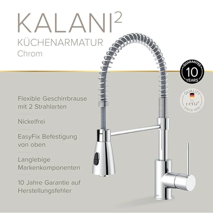 Lenz Küchenarmatur KALANI², Chrom mit flexibler Geschirrbrause, 2 Strahlarten und EasyFix Befestigung von oben, hochwertige Verarbeitung, 46070302 – Bild 2