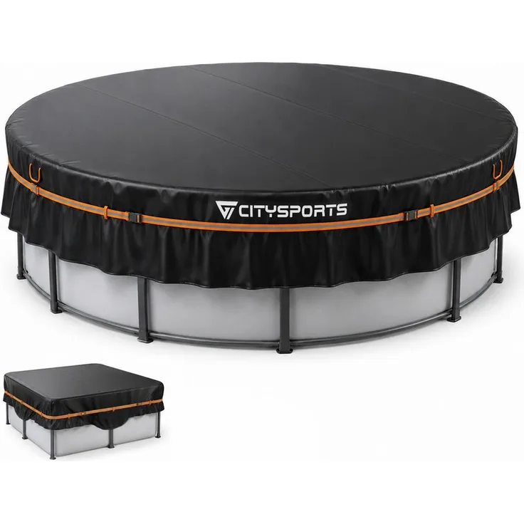 CITYSPORTS Pool-Abdeckplane Ø370 cm, Abdeckung für 12 ft Rund- und eckige Aufstellpools, 420D Oxford, PU-beschichtet, UV50+, mit 40 cm Seitenschürze und Reflexgurt
