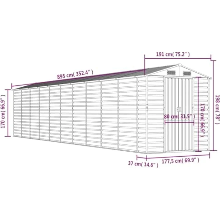 vidaXL Gerätehaus, Gartenhaus mit Schrägdach Griffe, Gartenschuppen Schuppen mit Stauraum, Geräteschuppen Metallschuppen, Grün 191x895x198 cm Verzinkter Stahl – Bild 4