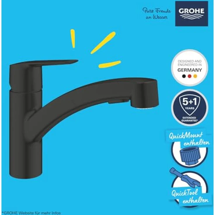Grohe Küchenarmatur Start Einhand-Spültischbatterie, Quickfix, matte black, mit herausziehbarer Dual Spülbrause und GROHE SilkMove Technologie – Bild 4