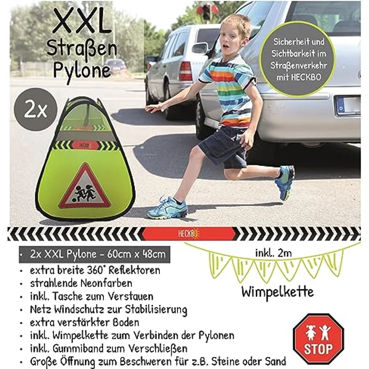 HECKBO 2x Straßenwarnschild Achtung Kinder Schild spielende Pylonen + Wimpelkette - Kinder Straßenpylone Kinder Sicherheit Safety Pop Up Set - Vorsicht Kinder Street Buddy Warnkegel – Bild 2