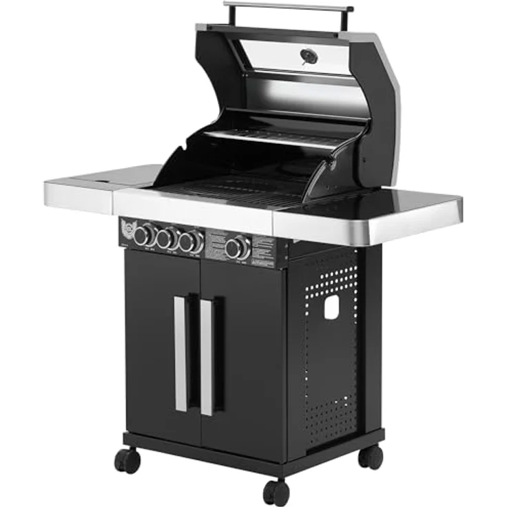 Maxxus Gasgrill BBQ CHIEF 6.0-3 Edelstahl Brenner, Seitenbrenner, 10,5 kW, Gusseisen Grillrost, Deckel, Thermometer, Rollen, Schwarz - Grill, Grillwagen, Grillstation – Bild 4