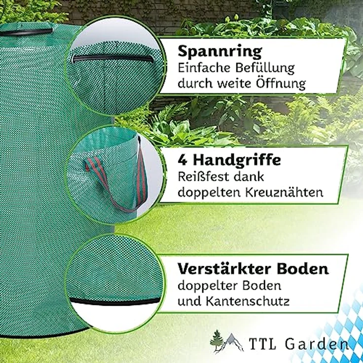 TTL GARDEN 2x 272L Gartensack - DOPPELTER BODEN, extra stabil & selbststehend, 4 Griffe, 150gsm, faltbar - 2er Set Laubsack für Gartenabfälle, robust und langlebig – Bild 4