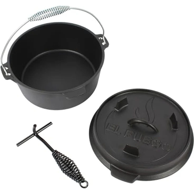Dutch Oven 4,5 Liter von El Fuego®, 100% Gusseisen, inkl. Schürhaken und Tragebügel, Camping & Outdoor – Bild 3