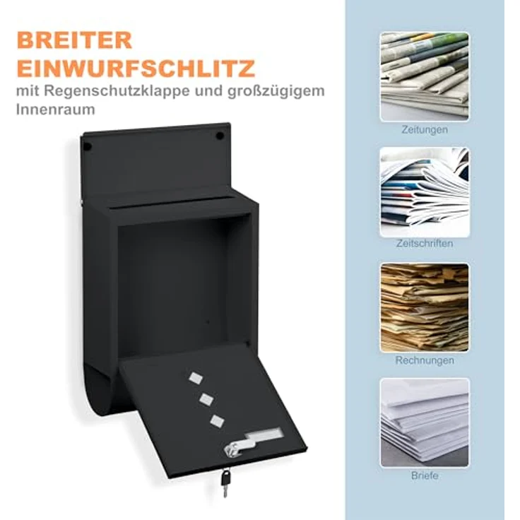 relaxdays Briefkasten mit Zeitungsfach, anthrazit, mit Zylinderschloss und Sichtfenster, Maße 38x31x13 cm – Bild 6