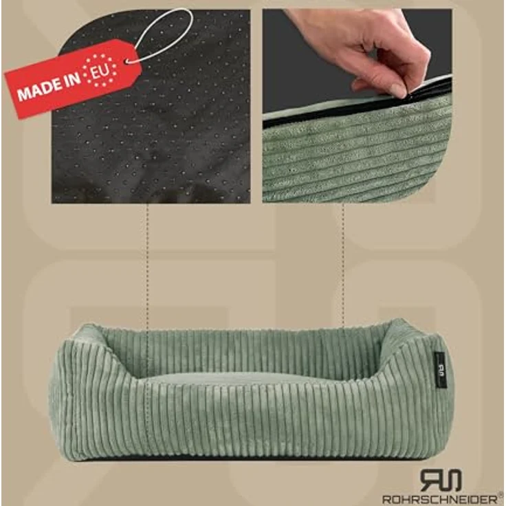 Rohrschneider Hundebett waschbar | für kleine und mittelgroße Hunde | mit Hundekissen Cord | 2 Größen (ca. 55x42 cm/ca. 70x50 cm) inkl. Gassibeutel (Salbei 55 cm, Cordstoff breit) – Bild 2