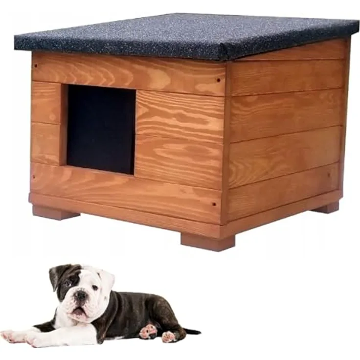 QLS Hundehütte 50 x 45 x 41 cm aus Holz Wetterfest Isoliert Teakholzfarbe Outdoor