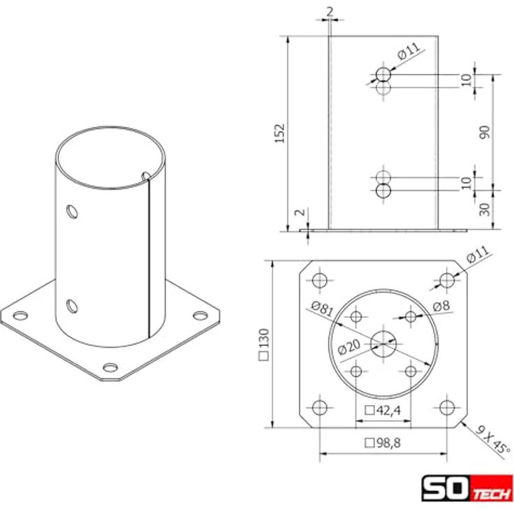 SO-TECH® Pfostenträger für Rundholz, zum Aufschrauben, feuerverzinkter Stahl, Höhe 152 mm, Durchmesser 80 mm, inkl. 4 Schrauben – Bild 7