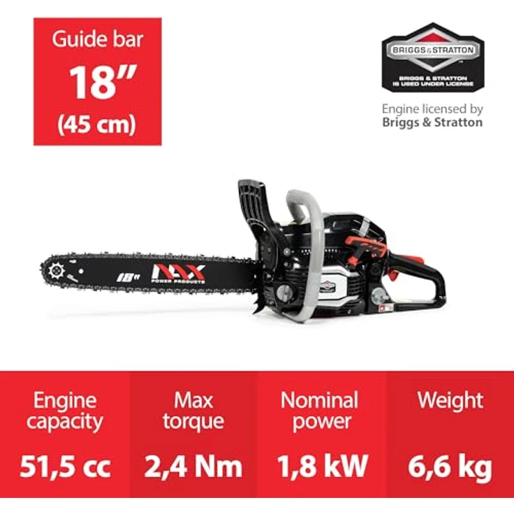 NAX POWER PRODUCTS 400C Motor 51,5 cm3 1,8kW Führungsschiene 18'' 45cm Anti-Rückschlag-System Low Kickback Briggs & Stratton Lizenzware Benzin-Säge Kettensäge, Schwarz – Bild 3