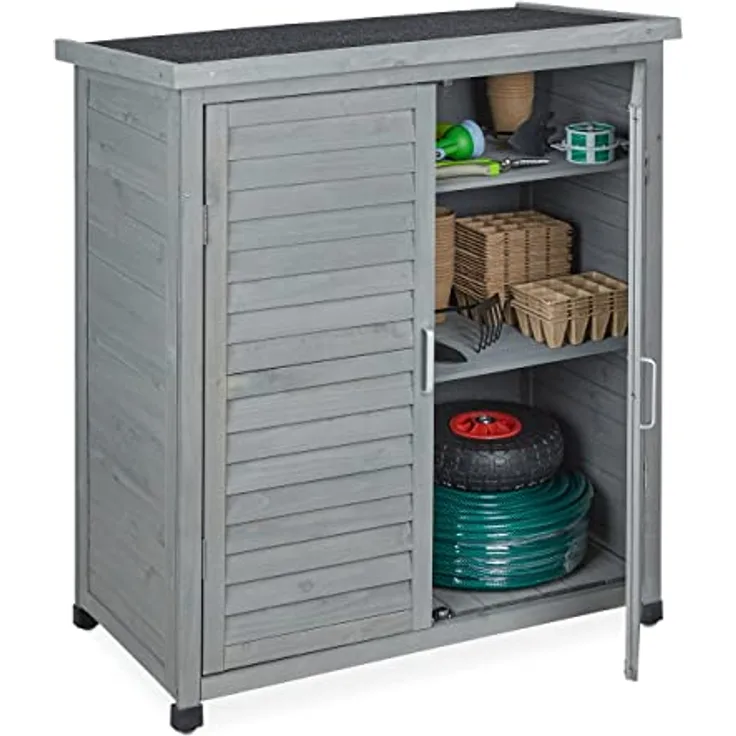 Relaxdays Gartenschrank, 3 Fächer, Flachdach mit Neigung, Doppeltür, HBT: 97 x 86,5 x 47 cm, Werkzeugschrank, Holz, grau, 80%