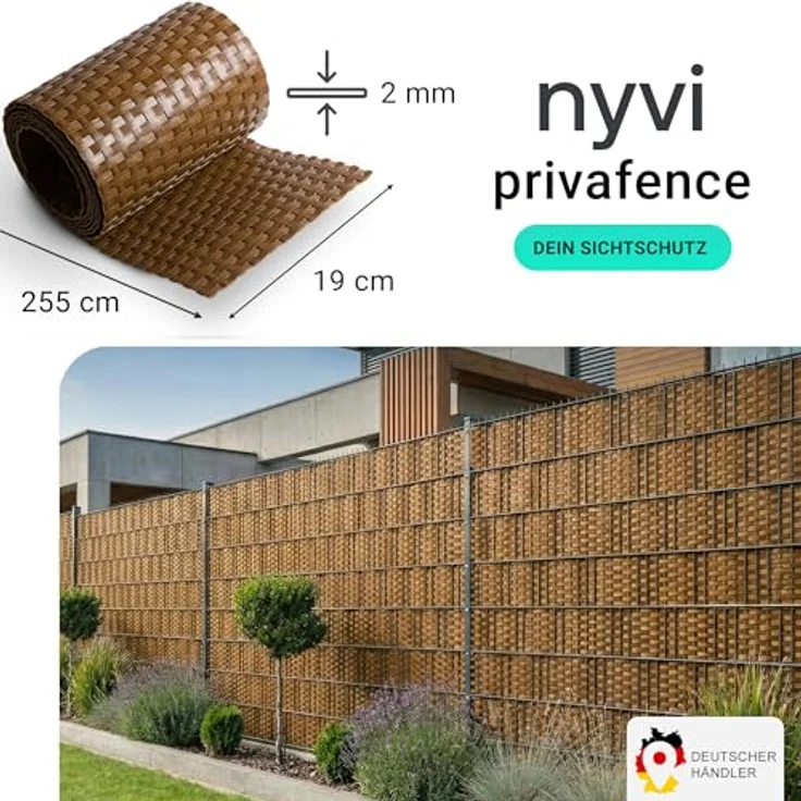NYVI Polyrattan Sichtschutzstreifen Privafence Honig, 10 Rollen (25,5 Meter), wetterfest, 3D-Optik für Doppelstabmattenzaun – Bild 2