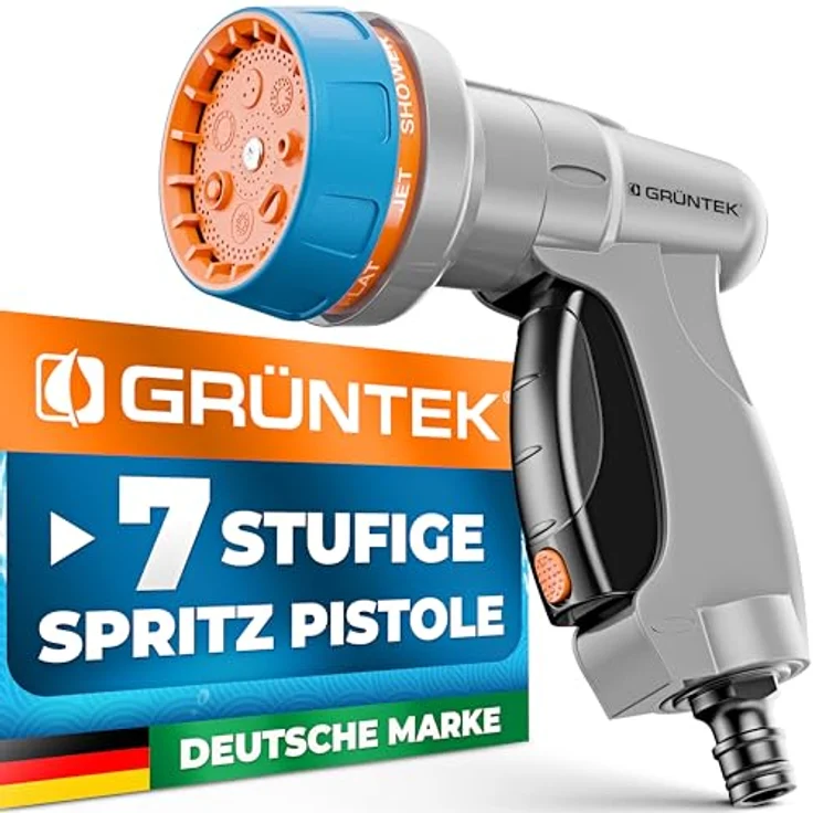 GRÜNTEK Garten-Handbrause, 7-Funktionen Multifunktions-Bewässerungspistole, ergonomischer Griff, stufenlos regulierbare Wassermenge, 150 g leicht – Bild 1