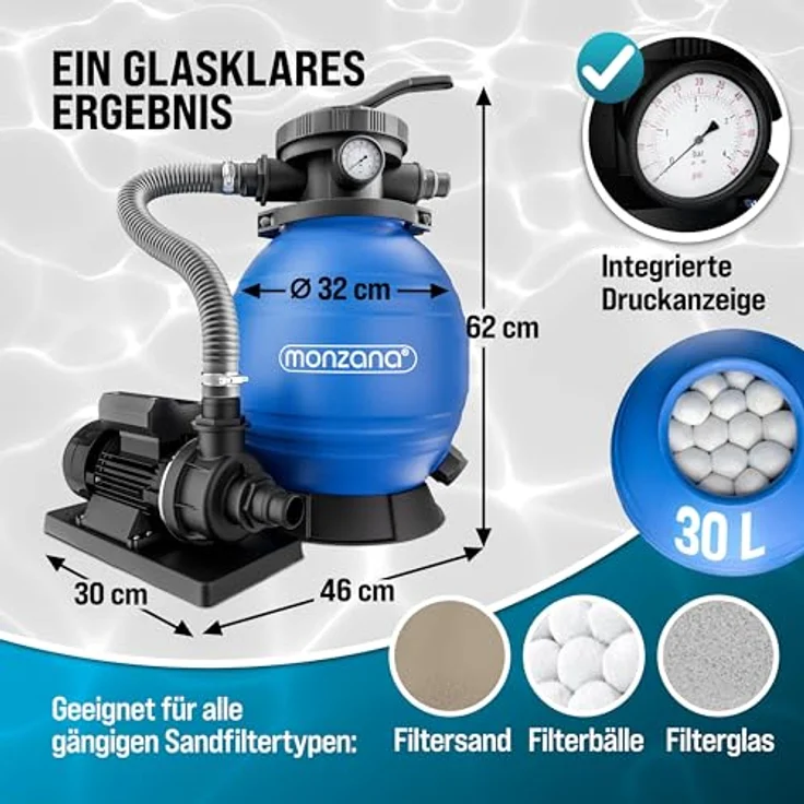 Monzana - Sandfilteranlage 9.960 L-h mit Vorfilter und XXL Tank + 700g Filterbälle Polysphere Filterwatte Filter Balls – Bild 7
