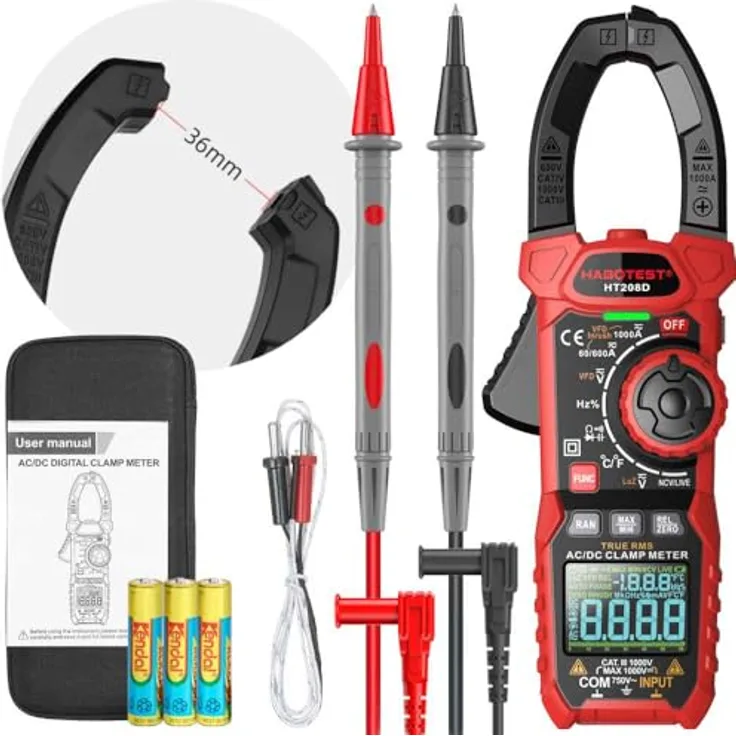 Habotest HT208D, Digital Clamp Meter mit LCD-Display, Multifunktional, 40 mm Klemmbreite, mit Taschenlampe und NCV-Sensor