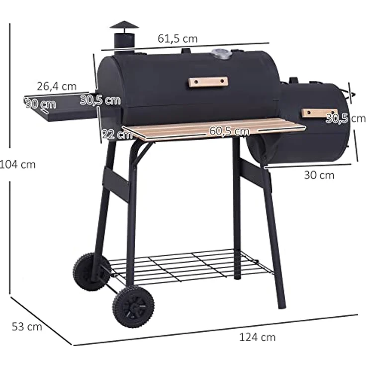 Outsunny Smoker Grill BBQ Holzkohlengrill Grillwagen Multifunktion mit 2 x Brennkammer Schornstein Metall + Tannenholz Schwarz 124 x 53 x 104 cm – Bild 3