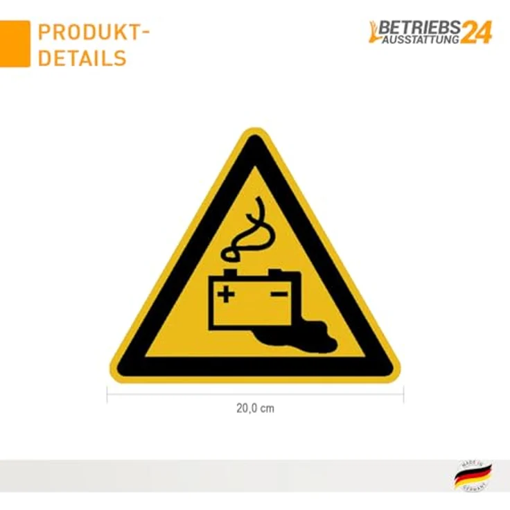 Betriebsausstattung24 Warnschild „Warnung vor Gefahren durch das Aufladen von Batterien“, 20 cm, Aluminium, geprägt, Symbol W026, Made in Germany – Bild 2