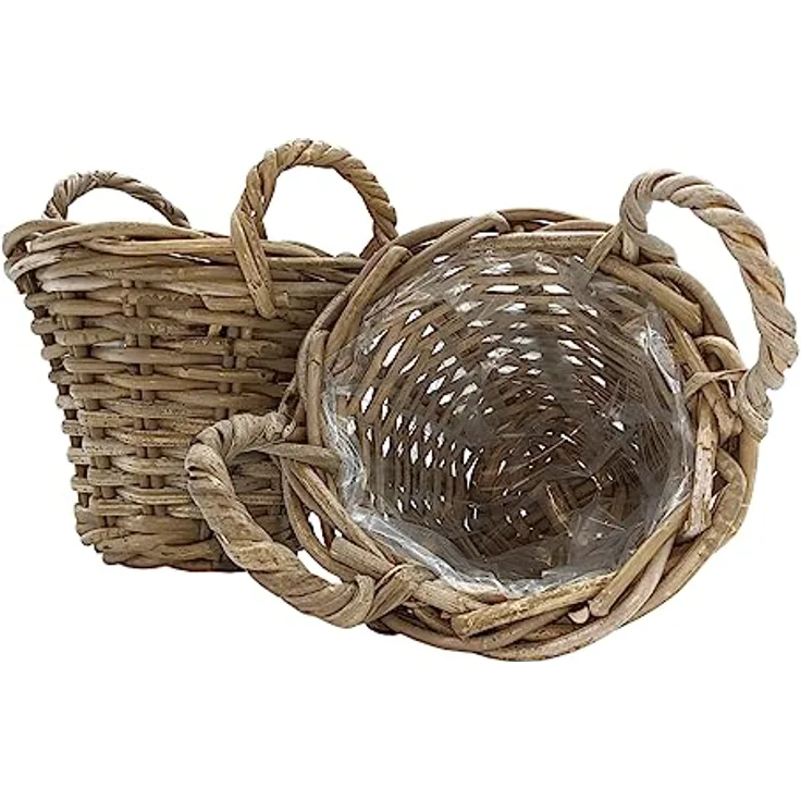 Spetebo Weide Pflanzkorb 2er Set Shabby Grau - 20 cm/Mini - Holz Blumenkorb mit Henkel - Rattan Blumentopf foliert Natur Garten Deko klassisch