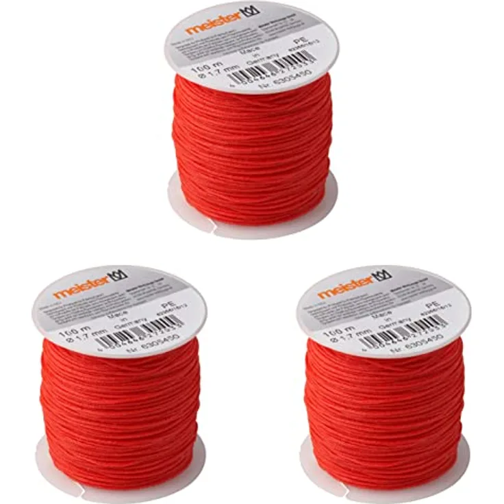Meister Maurerschnur rot - 3er Set - 100 m Länge - Ø 1,7 mm - Polyethylen geflochten - Knotenfest - Reißfest & Belastbar - Auf Spule / Richtschnur / Bauschnur / Lotschnur / Pflasterschnur / 6305450