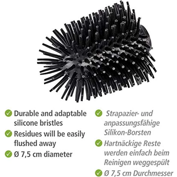 WENKO Ersatzbürstenkopf für WC-Garnituren, hochwertiger, schwarzer Bürstenkopf aus Silikon, selbstreinigender WC-Bürstenaufsatz mit spezieller Anti-Haft-Wirkung, Maße (B/T x H): Ø 7,5 x 9,3 cm – Bild 3