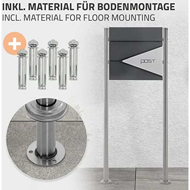 ECD Germany Standbriefkasten mit Zeitungsfach, Design Briefkasten mit Pfosten, Briefkastenanlage, Briefkastenständer Silber 120 cm Edelstahl, Postkasten Anthrazit-Silber Edelstahl pulverbeschichtet – Bild 5