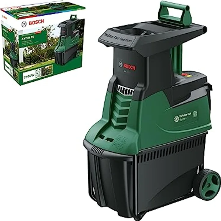 Bosch Häcksler AXT 25 TC 2.500 W Fangbox 53 Liter Schneidekapazität Ø 45 mm im Karton Leisehäcksler Für weiche und harte Materialien Motorleistung 2.500 Watt Maximaler Durchmesser 45 mm Drehmoment 650 Nm, Classic Green
