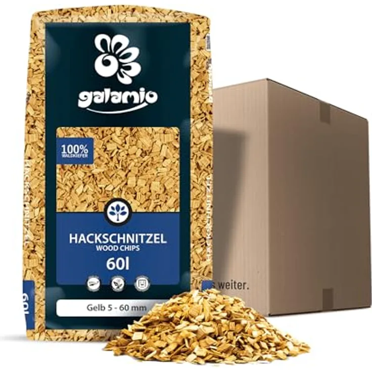 GALAMIO Holzhackschnitzel Gelb, Kiefernholz Mulch, grob 5-60mm, 60L Sack für Garten Dekor und Unkrautverhinderung