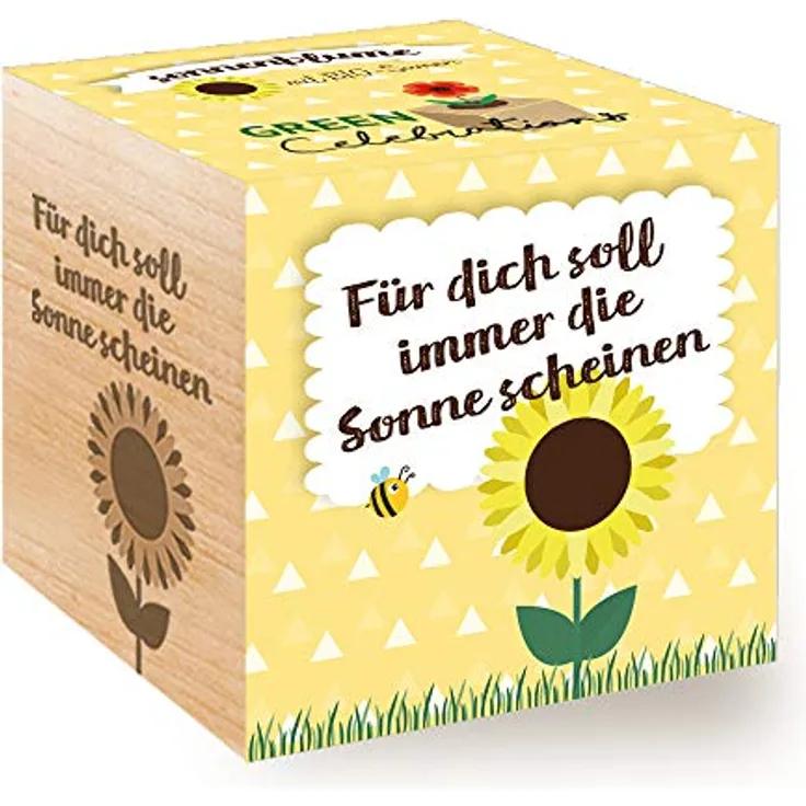 Feel Green Celebrations Ecocube, Anzuchtset mit Sonnenblumen Bio Samen, Holzwürfel mit Lasergravur «Für Dich Soll Immer Die Sonne Scheinen», nachhaltig, Made in Austria, Green