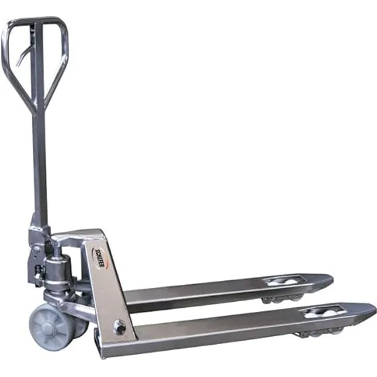 ROLLENDE SHOP Schefer Gabelhubwagen 2500 Kg, Edelstahl mit 800 mm Gabellänge und Nylon Tandemrollen
