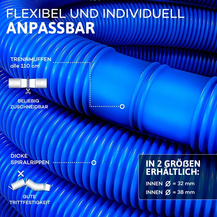 tillvex Poolschlauch Made in Germany | Schwimmbadschlauch mit Muffen | Solarschlauch für Pool und Schwimmbecken | Saugschlauch | Pumpenschlauch | flexibler Wasserschlauch (Blau, 50m / 32mm) – Bild 3