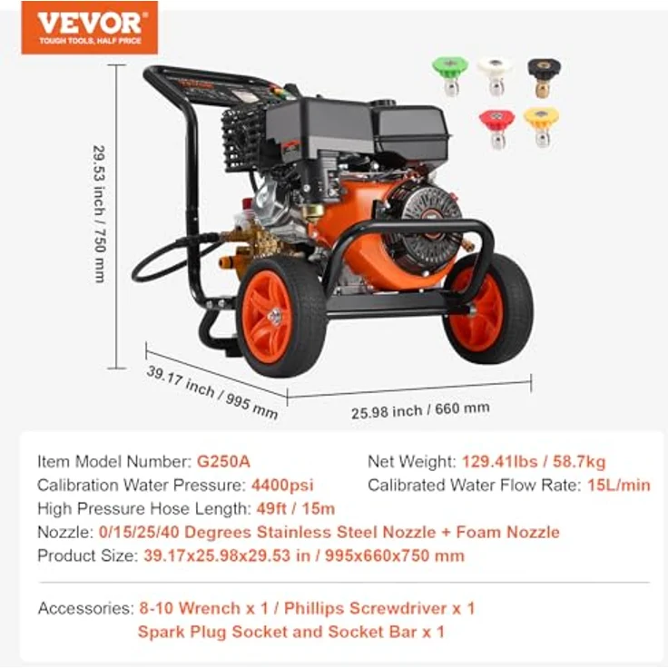 VEVOR Gas-Hochdruckreiniger G250A, 4400 PSI, 15 l/min mit Kupferpumpe, Spritzpistole, Verlängerungsstab und 5-Düsen-Set – Bild 7